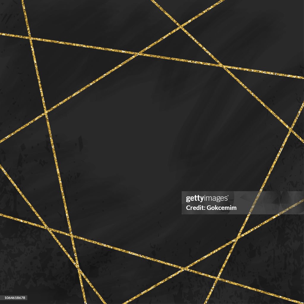 Abstract Geometric Background with Gold Lines and Blackboard Background. Golden invitation, brochure or banner with minimalistic geometric style. Gold lines, Glitter, Frame, Vector Fashion Wallpaper, Poster, Blackboard