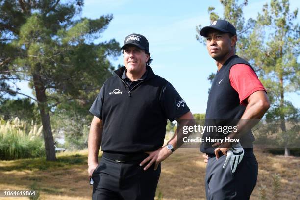 Tiger Woods and Phil Mickelson look on prior to The Match: Tiger vs Phil at Shadow Creek Golf Course on November 23, 2018 in Las Vegas, Nevada.