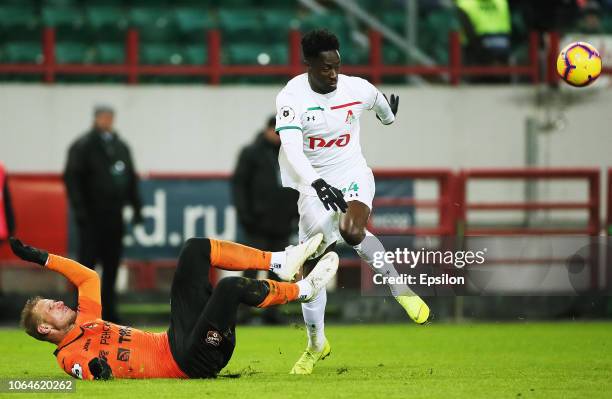 Eder of FC Lokomotiv Moscow vies for the ball with Gregor Balazic of FC Ural Ekaterinburg during the Russian Premier League match between FC...