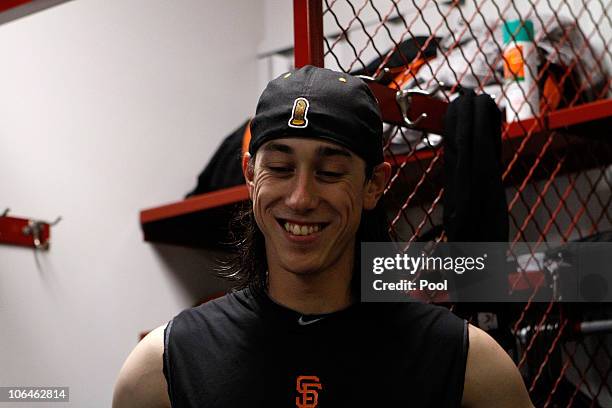 Tim Lincecum of the San Francisco Giants smiles in the locker room after the Giants won 3-1 against the Texas Rangers in Game Five of the 2010 MLB...