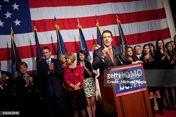New York Governor-elect Andrew Cuomo speaks to supporters at the Sheraton New York on election night, November 2, 2010 in New York City. Cuomo...