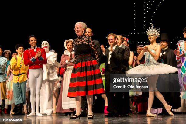Queen Margrethe of Denmark appears on stage during curtain call at the premiere of The Nutcracker Ballet at Tivoli on November 23, 2018 in...