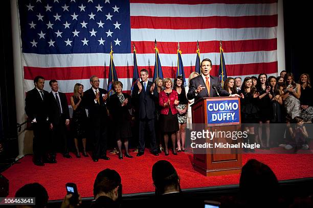 New York Governor-elect Andrew Cuomo speaks to supporters at the Sheraton New York on election night, November 2, 2010 in New York City. Cuomo...