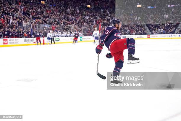 Cam Atkinson of the Columbus Blue Jackets celebrates after scoring a shorthanded goal during the second period of the game against the Toronto Maple...