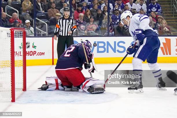 Sergei Bobrovsky of the Columbus Blue Jackets stops a shot from Zach Hyman of the Toronto Maple Leafs during the third period on November 23, 2018 at...