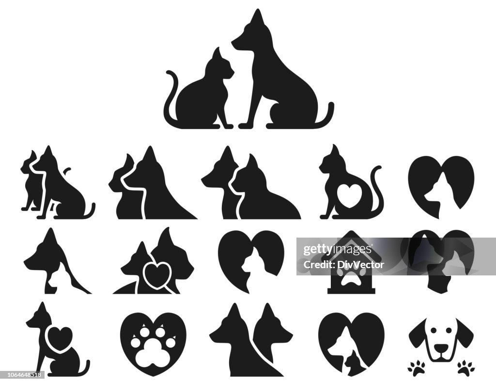 Conjunto de ícones de gato e de cão