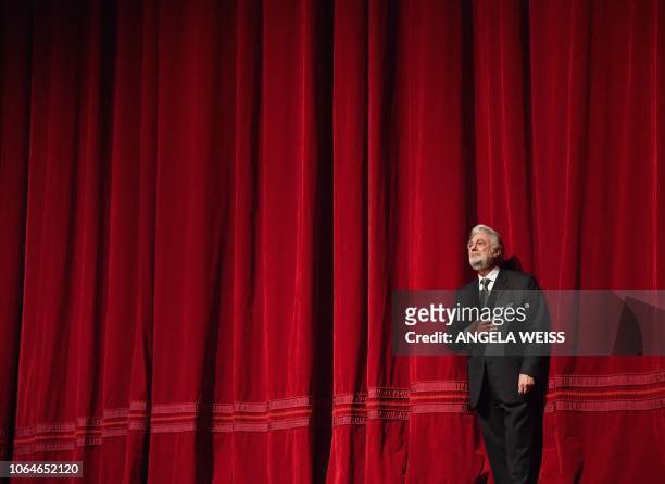 Spanish opera singer Placido Domingo speaks onstage at his 50th anniversary celebration at the season premiere of Trittico at the Metropolitan Opera...