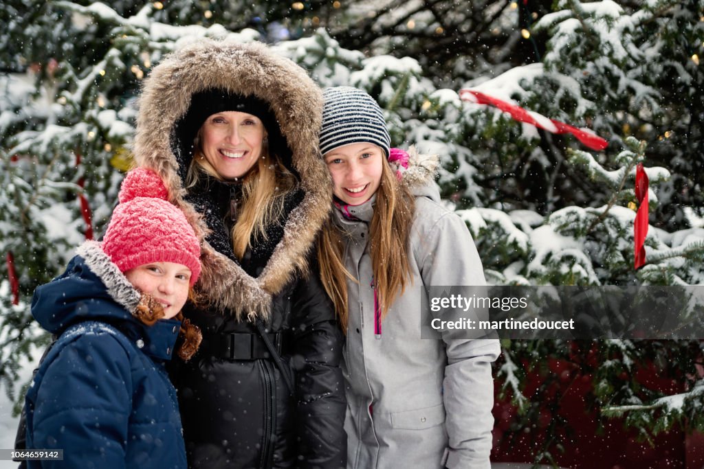 Winter portrait for mother and preteen girls.
