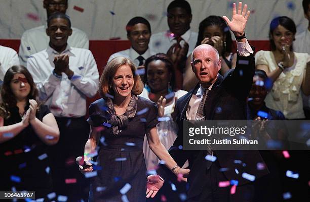 California Governor-elect Jerry Brown with his wife Anne Gust-Brown after speaking to supporters as he celebrates his win during an election night...