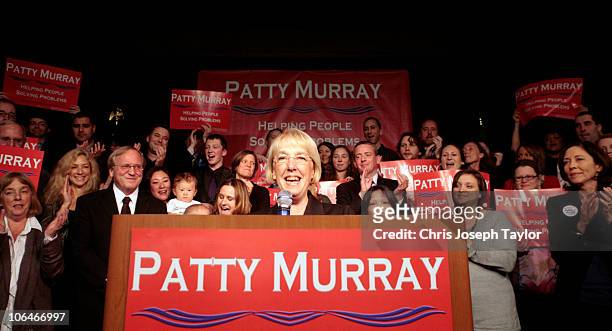 With supporters at her back, Democratic senatorial incumbent U.S. Sen. Patty Murray speaks to the crowd during an election night rally November 2,...