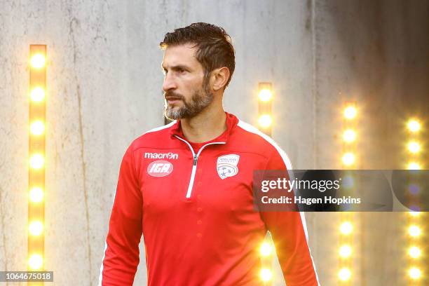 Vince Lia of Adelaide United takes the field to warm up during the round five A-League match between the Wellington Phoenix and Adelaide United at...