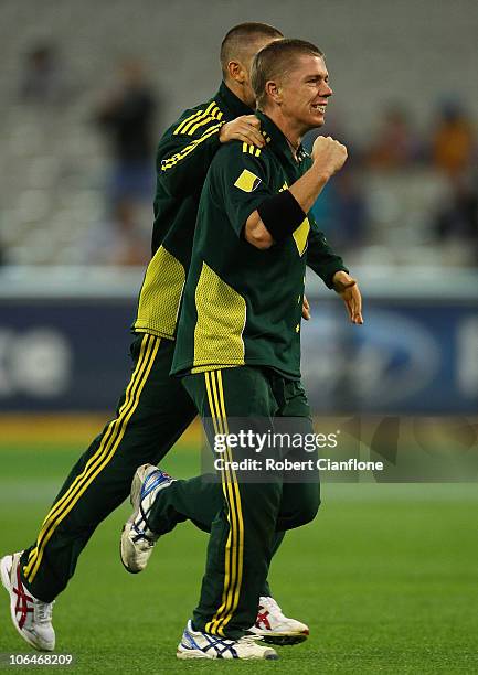 Xavier Doherty of Australia takes the wicket of Chamara Silva of Sri Lanka during the Commonwealth Bank Series match between Australia and Sri Lanka...