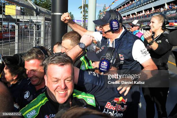 Roland Dane, Triple Eight Race Engineering celebrates during race 30 for the Supercars Newcastle 500 on November 23, 2018 in Newcastle, Australia.