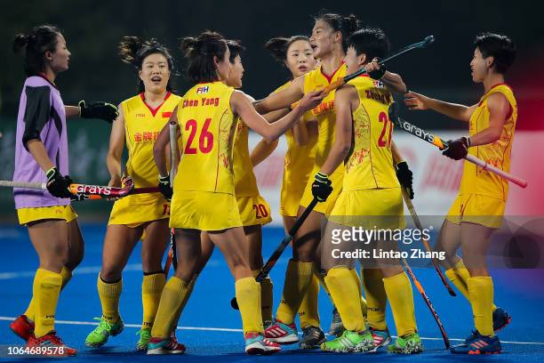 Team of China celebrates a goal during the FIH Champions Trophy match between Netherlands and China on November 24, 2018 in Changzhou, China.