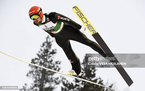 Johannes Rydzek of Germany competes in the Nordic Combined HS 142 Ski Jumping Competition at the FIS Nordic Skiing World Cup in Ruka, Finland, on...