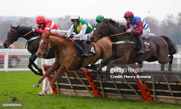 Doux Prentender ridden by Noel Fehily on their way to winning The Molton Brown Novices' Hurdle Race during The Prince's Countryside Fund Racing...