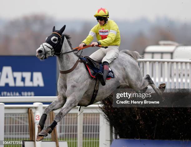 Politologue ridden by Sam Twiston-Davies on their way to winning The Christy 1965 Steeple Chase during The Prince's Countryside Fund Racing Weekend...