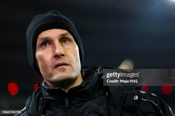 Heiko Herrlich, head coach of Bayer 04 Leverkusen looks on prior to the Bundesliga match between Bayer 04 Leverkusen and VfB Stuttgart at BayArena on...