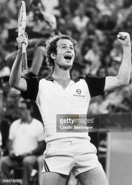 An elated John McEnroe jumps for joy as he defeats Sweden's Bjorn Borg in the U.S. Open. McEnroe beat Borg 4-6, 6-2, 6-4, 6-4, to win the...