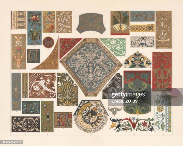 ilustrações de stock, clip art, desenhos animados e ícones de various patterns of the renaissance, chromolithograph, published in 1897 - classical style