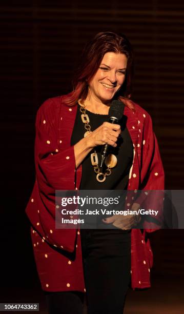 American musician, producer, and Carnegie Hall Creative Partner Rosanne Cash speaks before in a concert in the American Byways series at Carnegie...