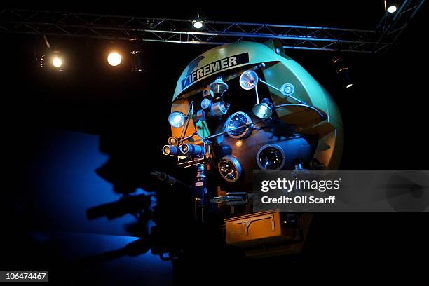 Submersible craft used to explore the wreck of the Titanic 2.5 miles below the ocean surface goes on display in an exhibition of artefacts recovered...