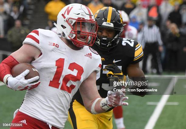 Nebraska Cornhuskers tight end Katerian Legrone carries the ball during a Big Ten Conference football game between the Nebraska Cornhuskers and the...