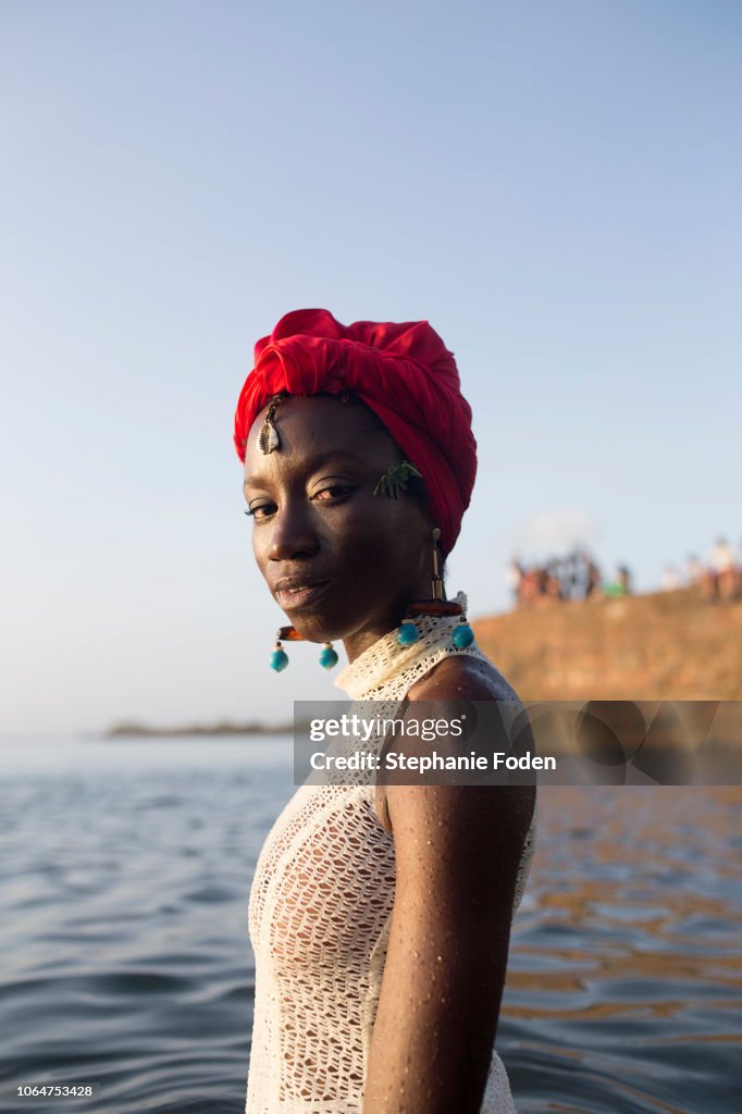 An Afro-Brazilian woman in the ocean in the Gamboa neighbourhood of Salvador.