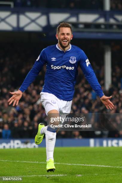 Gylfi Sigurdsson of Everton celebrates after scoring his team's first goal during the Premier League match between Everton FC and Cardiff City at...