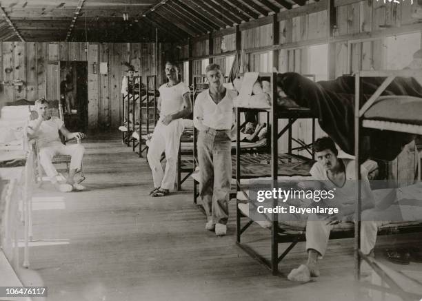 Portrait of interned men in a dormitory at Fort Douglas, Utah, 1918. The site of one of several that housed German prisoners of war , German,...