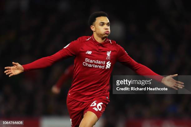 Trent Alexander-Arnold of Liverpool celebrates after scoring his team's second goal during the Premier League match between Watford FC and Liverpool...