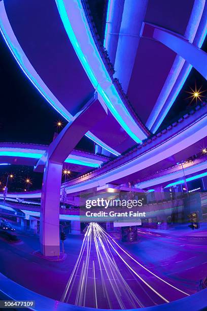 night view of highway overpasses. - fish eye photos et images de collection