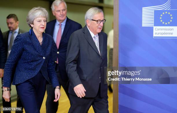 British Prime Minister Theresa May is welcomed by the President of the European Commission Jean-Claude Juncker in the Berlaymont, the EU Commission...