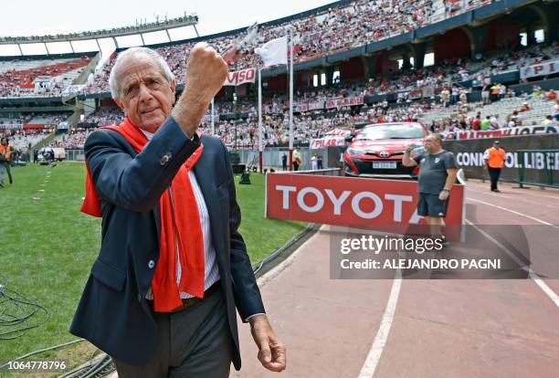 River Plate's president Rodolfo D'Onofrio waves to supporters before the all-Argentine Copa Libertadores final match against Boca Juniors at the...