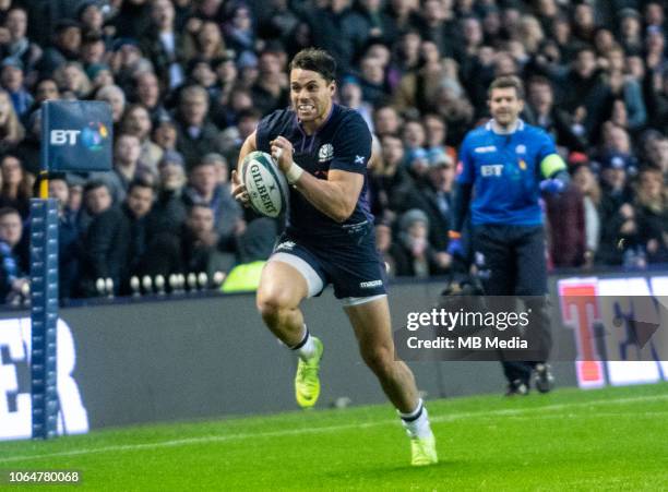 Scotland Wing, Sean Maitland, dives over the line to score the only try of the match during the International Friendly match between Scotland and...