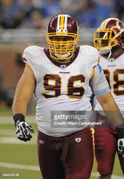 Ma'ake Kemoeatu of the Washington Redskins looks on against the Detroit Lions during the game at Ford Field on October 31, 2010 in Detroit, Michigan....