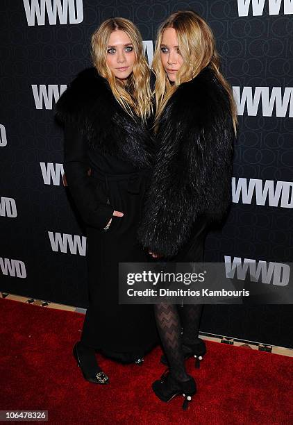 Ashley Olsen and Mary-Kate Olsen attend the WWD @ 100 Anniversary Party at Cipriani 42nd Street on November 2, 2010 in New York City.