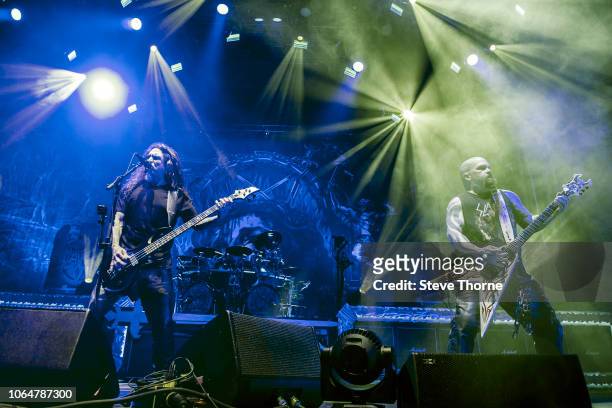 Tom Araya and Kerry King of Slayer perform at Arena Birmingham on November 7, 2018 in Birmingham, England.