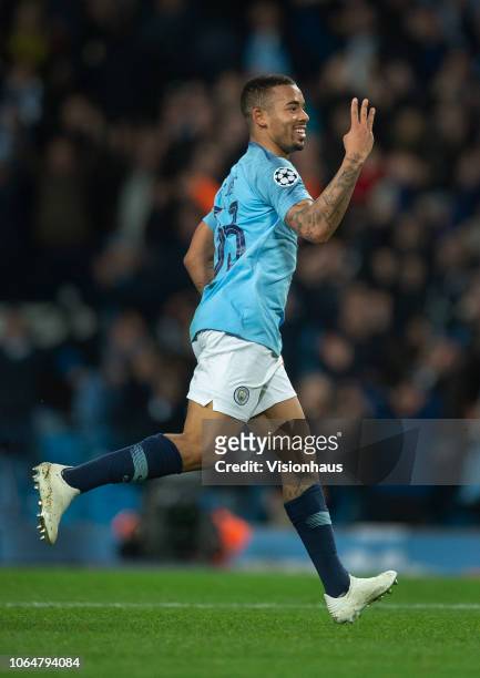 Gabriel Jesus of Manchester City celebrates completing his hat trick with a delicate chip during the Group F match of the UEFA Champions League...