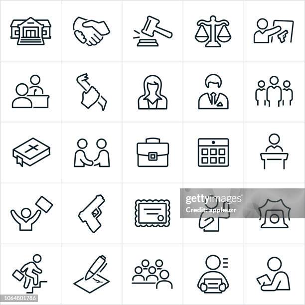 law, crime and justice icons - prosecuting attorney stock illustrations