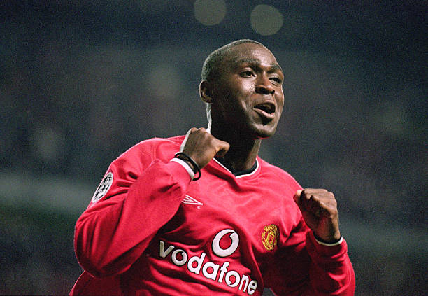 Andy Cole of Manchester United celebrates during the UEFA Champions League match against Anderlecht at Old Trafford, in Manchester, England....