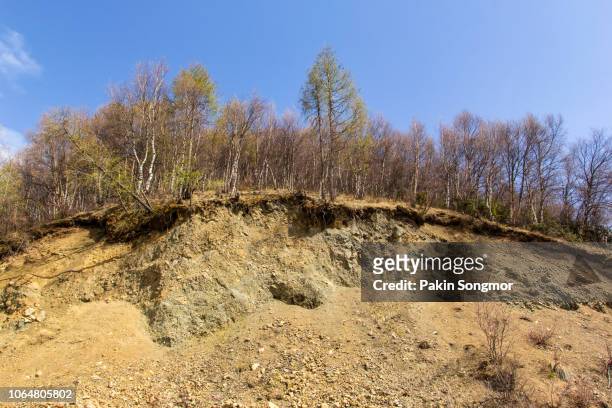 rock slide with damage on the road at sichuan province - eroded stockfoto's en -beelden