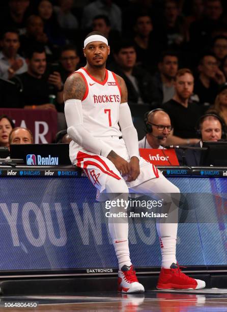 Carmelo Anthony of the Houston Rockets in action against the Brooklyn Nets at Barclays Center on November 2, 2018 in the Brooklyn borough of New York...