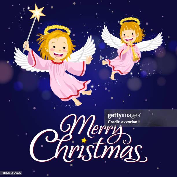 ilustraciones, imágenes clip art, dibujos animados e iconos de stock de paso elevado de los ángeles en navidad - baby angel