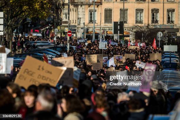 Thousands of people marched through the streets of Lyon, France, to protest against gender-based and sexual violence at the call of the collective...