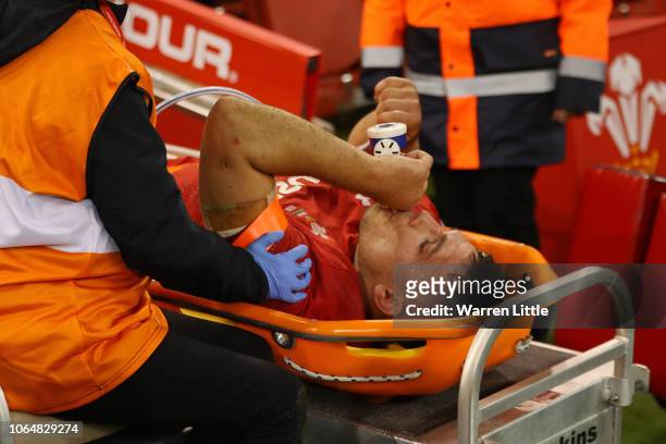 Dan Lydiate of Wales receives medical treatment after the International Friendly match between Wales and South Africa on November 24, 2018 in...