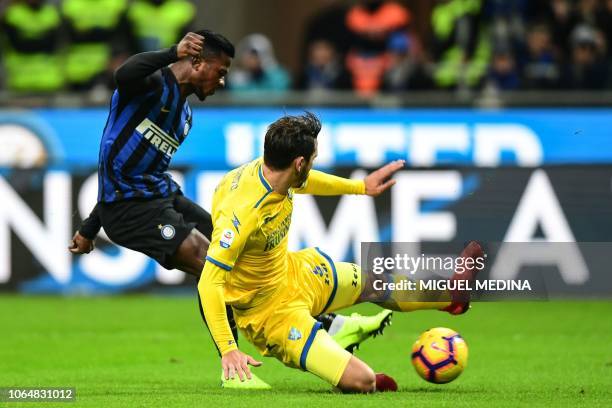 Inter Milan's Senegalese forward Keita Balde shoots to open the scoring during the Italian Serie A football match Inter Milan vs Frosinone on...