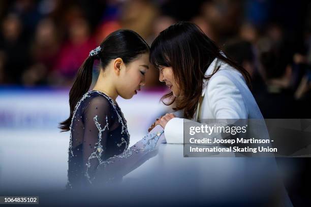 Rika Kihira of Japan prepares with her coach in the Ladies Free Skating during day 2 of the ISU Grand Prix of Figure Skating Internationaux de France...