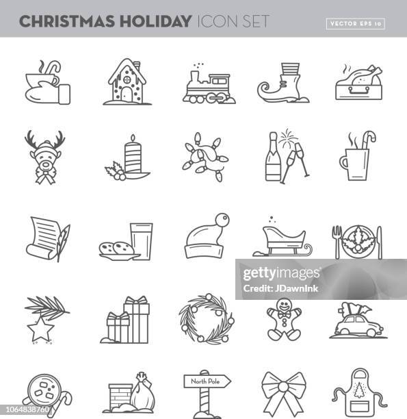 weihnachten flache kontur strichzeichnungen design icon set - miniature train stock-grafiken, -clipart, -cartoons und -symbole