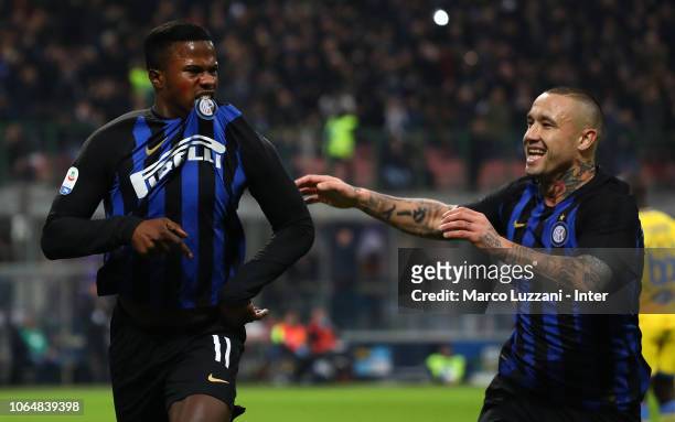 Keita Balde of FC Internazionale celebrates after scoring the opening goal with Radja Nainggolan during the Serie A match between FC Internazionale...